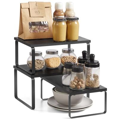 SONGMICS Étagère à épices, lot de 3 organiseurs de cuisine, empilables, extensibles, en métal et bois, gris anthracite et noir mat KCS220B01 SONGMICS Étagère à épices, lot de 3 organiseurs de cuisine, empilables, extensibles, en métal et bois, gris anthracite et noir mat KCS220B01