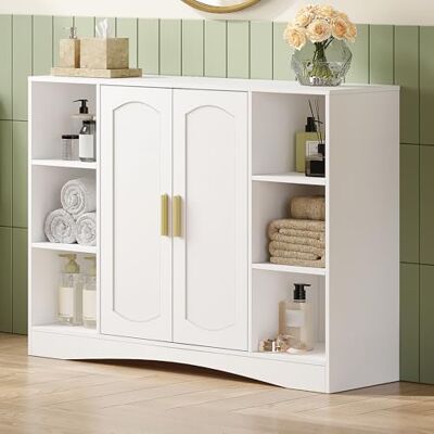 HEXCELEN Meuble de Salle de Bain, Meuble de Rangement, Placard Rangement avec 2 Portes, étagères Réglables, Armoire de Salle de Bain, Compartiment Ouvert, Armoire Basse, Salon, Blanc, 30 × 100 × 75 cm HEXCELEN Meuble de Salle de Bain, Meuble de Rangement, Placard Rangement avec 2 Portes, étagères Réglables, Armoire de Salle de Bain, Compartiment Ouvert, Armoire Basse, Salon, Blanc, 30 × 100 × 75 cm