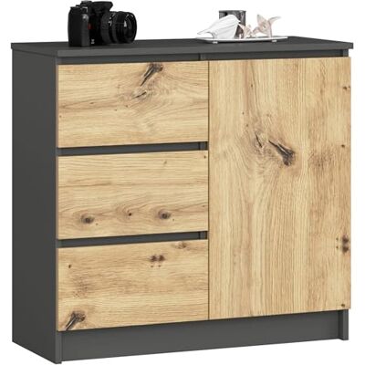 AKORD K-80 Jerry Commode avec 3 tiroirs, 2 étagères et 1 porte, pour le salon, la chambre à coucher, moderne, panneau laminé de 16 mm, 80 x 77 x 35 cm, gris graphite et façade en chêne artisan AKORD K-80 Jerry Commode avec 3 tiroirs, 2 étagères et 1 porte, pour le salon, la chambre à coucher, moderne, panneau laminé de 16 mm, 80 x 77 x 35 cm, gris graphite et façade en chêne artisan