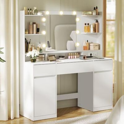 VASAGLE Coiffeuse Miroir LED, Montage des Rails sans Outils, Multiprise 3 Tiroirs, 2 Placards, Miroir LED, Multiprise, Éclairage 3 Couleurs, Blanc Nuage, Collection KAILYN RDT142WB02 VASAGLE Coiffeuse Miroir LED, Montage des Rails sans Outils, Multiprise 3 Tiroirs, 2 Placards, Miroir LED, Multiprise, Éclairage 3 Couleurs, Blanc Nuage, Collection KAILYN RDT142WB02
