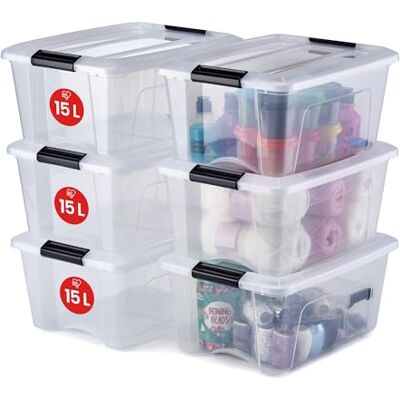 Iris Ohyama , Lot de 6 boîtes de rangement, 15 L, avec clips, empilable, salon, chambre, garage New Top Box NTB-15 Transparent Iris Ohyama , Lot de 6 boîtes de rangement, 15 L, avec clips, empilable, salon, chambre, garage New Top Box NTB-15 Transparent