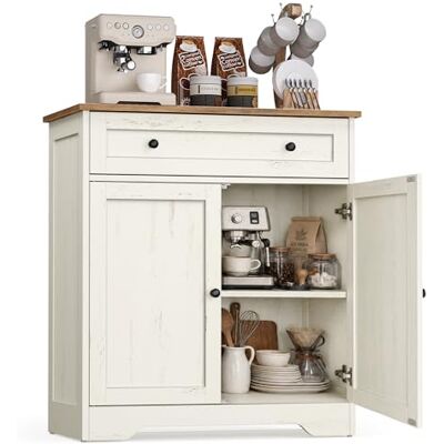 VASAGLE Siren Collection Meuble de Rangement, Buffet de Cuisine, Style Maison de Campagne, avec Tiroir, Étagère Réglable, 2 Portes, Bar à Café, 40 x 72 x 80 cm, Blanc Rustique LSC521WJ01 VASAGLE Siren Collection Meuble de Rangement, Buffet de Cuisine, Style Maison de Campagne, avec Tiroir, Étagère Réglable, 2 Portes, Bar à Café, 40 x 72 x 80 cm, Blanc Rustique LSC521WJ01