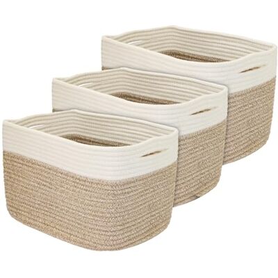 HMF Lot de 3 paniers de rangement avec poignées cachées En coton 37,5 x 25 x 22,5 cm Blanc/marron HMF Lot de 3 paniers de rangement avec poignées cachées En coton 37,5 x 25 x 22,5 cm Blanc/marron