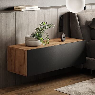 Planetmöbel Table de chevet pour chambre à coucher, 2 placards, 100 cm, chêne doré/anthracite Planetmöbel Table de chevet pour chambre à coucher, 2 placards, 100 cm, chêne doré/anthracite