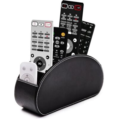 Exquilnova Porte-télécommande avec 5 poches, rangement en cuir pour TV, DVD, clé 4K et télécommandes Bluray, également comme organisateur de bureau pour stylos, cosmétiques (noir) Exquilnova Porte-télécommande avec 5 poches, rangement en cuir pour TV, DVD, clé 4K et télécommandes Bluray, également comme organisateur de bureau pour stylos, cosmétiques (noir)
