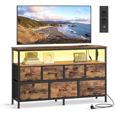 SONGMICS Commode avec 7 Tiroirs, Lumières LED, Prises et Ports USB Meuble de Rangement, Étagère Ouverte, pour Chambre, 113,8 x 30 x 68,1 cm, Rustiek bruin, Collection BELLAH LGS733KD01 SONGMICS Commode avec 7 Tiroirs, Lumières LED, Prises et Ports USB Meuble de Rangement, Étagère Ouverte, pour Chambre, 113,8 x 30 x 68,1 cm, Rustiek bruin, Collection BELLAH LGS733KD01
