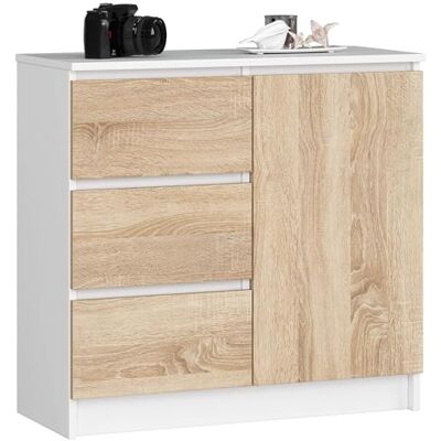 AKORD K-80 JERRY Commode avec 3 tiroirs, 2 étagères et 1 porte, pour le salon, la chambre à coucher, moderne, panneau laminé de 16 mm, 80 x 77 x 35 cm, blanc + façade en chêne sonoma AKORD K-80 JERRY Commode avec 3 tiroirs, 2 étagères et 1 porte, pour le salon, la chambre à coucher, moderne, panneau laminé de 16 mm, 80 x 77 x 35 cm, blanc + façade en chêne sonoma