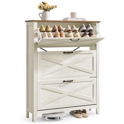 VASAGLE LIRY Collection – Meuble à Chaussures à 3 Abattants, Placard de Rangement Autoportant, Étroit, pour Entrée, Style Campagne, Capacité de 18 à 24 Paires, Blanc Rustique HSC301W02 VASAGLE LIRY Collection – Meuble à Chaussures à 3 Abattants, Placard de Rangement Autoportant, Étroit, pour Entrée, Style Campagne, Capacité de 18 à 24 Paires, Blanc Rustique HSC301W02