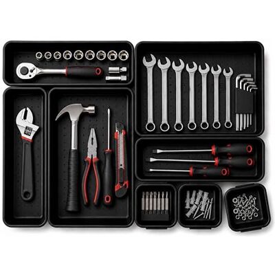 Masirs Bacs de rangement de tiroir emboîtables, en plastique durable, différentes tailles pour un design personnalisé, parfaits pour tiroir de bureau, boîte à outils ou organisation de garage, noir Masirs Bacs de rangement de tiroir emboîtables, en plastique durable, différentes tailles pour un design personnalisé, parfaits pour tiroir de bureau, boîte à outils ou organisation de garage, noir