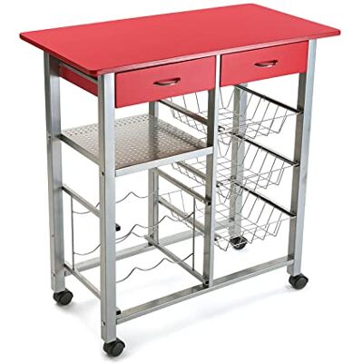 Versa Leicester Chariot de cuisine avec roues, tiroirs et étagère à bouteilles, distributeur de légumes, étagère de cuisine, dimensions (H x L x l) 82 x 40 x 76 cm, bois et métal, couleur rouge Versa Leicester Chariot de cuisine avec roues, tiroirs et étagère à bouteilles, distributeur de légumes, étagère de cuisine, dimensions (H x L x l) 82 x 40 x 76 cm, bois et métal, couleur rouge