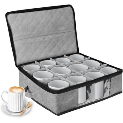 BOHEMIABY Organiseur de rangement pour tasses à café, boîtes à tasses avec séparateurs, empilables et à coque rigide en porcelaine avec poignée robuste, peut contenir 12 tasses ou tasses en verre BOHEMIABY Organiseur de rangement pour tasses à café, boîtes à tasses avec séparateurs, empilables et à coque rigide en porcelaine avec poignée robuste, peut contenir 12 tasses ou tasses en verre