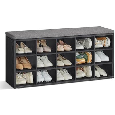 VASAGLE Banc à Chaussures, Organiseur de Chaussures avec 15 Compartiments, Siège Rembourré, pour Entrée, Couloir, Placard, Noir Boisé et Gris Ardoise LHS015B02 VASAGLE Banc à Chaussures, Organiseur de Chaussures avec 15 Compartiments, Siège Rembourré, pour Entrée, Couloir, Placard, Noir Boisé et Gris Ardoise LHS015B02
