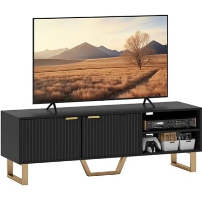 HOMCOM Meuble TV meuble télé bois banc TV pour téléviseur jusqu'à 70 pouces avec placard à 2 portes cannelées, compartiment ouvert et passe-câbles, pour salon chambre à coucher, 140 x 39 x 47 cm, noir HOMCOM Meuble TV meuble télé bois banc TV pour téléviseur jusqu'à 70 pouces avec placard à 2 portes cannelées, compartiment ouvert et passe-câbles, pour salon chambre à coucher, 140 x 39 x 47 cm, noir
