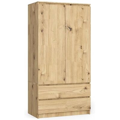 AKORD Armoire S90 2 Portes 2 Tiroirs avec Étagères et Penderie 90 cm Garde-Robe pour Chambre à Coucher, Chambre d'Ado et Entrée, 90x51x180 cm, Panneau Stratifié 16 mm, Glissières GTV AKORD Armoire S90 2 Portes 2 Tiroirs avec Étagères et Penderie 90 cm Garde-Robe pour Chambre à Coucher, Chambre d'Ado et Entrée, 90x51x180 cm, Panneau Stratifié 16 mm, Glissières GTV