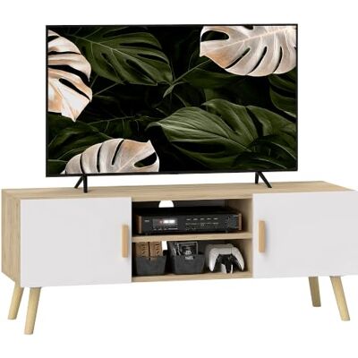 HOMCOM Meuble TV Jusqu'à 50 Pouces 2 Placards 110x36,2x42 cm Chêne Blanc Meuble Télé Bois, Banc TV, avec Étagères, Passe-Câbles, pour Salon, Chambre à Coucher HOMCOM Meuble TV Jusqu'à 50 Pouces 2 Placards 110x36,2x42 cm Chêne Blanc Meuble Télé Bois, Banc TV, avec Étagères, Passe-Câbles, pour Salon, Chambre à Coucher