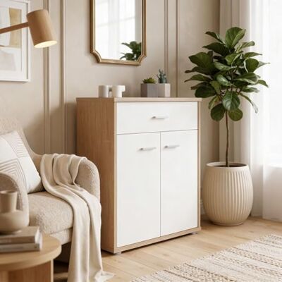 IDIMEX Buffet Monaco, Commode Meuble de Rangement avec 1 tiroir et 2 Portes, en mélaminé décor chêne Sonoma et Blanc Mat IDIMEX Buffet Monaco, Commode Meuble de Rangement avec 1 tiroir et 2 Portes, en mélaminé décor chêne Sonoma et Blanc Mat