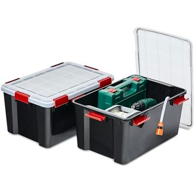 Iris Ohyama , Lot de 2 Boîtes de Rangement, Hermétiques, 50 L, avec clips, empilable, garage, cave, grenier Air Tight Box AT-L Noir Iris Ohyama , Lot de 2 Boîtes de Rangement, Hermétiques, 50 L, avec clips, empilable, garage, cave, grenier Air Tight Box AT-L Noir
