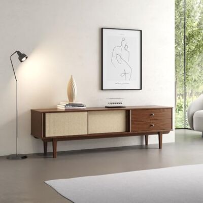 IDIMEX Meuble bas Simona pour 75" avec rotin tressé en bois massif châtaignier – Meuble TV au design Mid-Century de 175 cm avec 2 tiroirs et portes coulissantes, meuble TV rétro, salon IDIMEX Meuble bas Simona pour 75" avec rotin tressé en bois massif châtaignier – Meuble TV au design Mid-Century de 175 cm avec 2 tiroirs et portes coulissantes, meuble TV rétro, salon