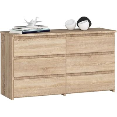 AKORD CL-100 Commode avec 6 tiroirs, fonctionnelle, pour salon, chambre à coucher, durable, guide à rouleaux, avec bords en ABS, 35 x 100 x 57 cm, chêne Sonoma et façade en chêne Sonoma AKORD CL-100 Commode avec 6 tiroirs, fonctionnelle, pour salon, chambre à coucher, durable, guide à rouleaux, avec bords en ABS, 35 x 100 x 57 cm, chêne Sonoma et façade en chêne Sonoma