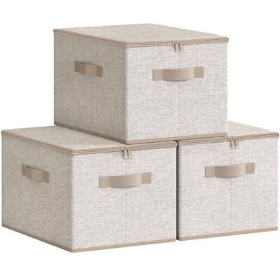 SONGMICS Sac de Rangement, Lot de 3, avec Couvercle, Boîte de Rangement, Pliable, avec Poignées, pour Jouets, Vêtements, Beige Sable RZB003K01 SONGMICS Sac de Rangement, Lot de 3, avec Couvercle, Boîte de Rangement, Pliable, avec Poignées, pour Jouets, Vêtements, Beige Sable RZB003K01