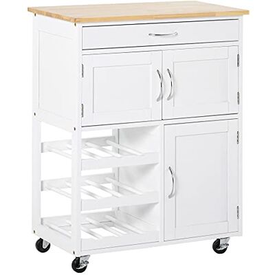 HOMCOM Desserte de Cuisine Multi rangements 2 placards tiroir casier 9 Bouteilles MDF Blanc Plateau Bois Caoutchouc HOMCOM Desserte de Cuisine Multi rangements 2 placards tiroir casier 9 Bouteilles MDF Blanc Plateau Bois Caoutchouc