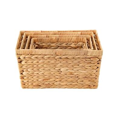 ECHTWERK Set de 4 paniers de rangement en jacinthe d'eau, Rectangulaires, Couleurs naturelles, Paniers tressés en S/M/L/XL, empilables pour salle de bain, bureau et salon ECHTWERK Set de 4 paniers de rangement en jacinthe d'eau, Rectangulaires, Couleurs naturelles, Paniers tressés en S/M/L/XL, empilables pour salle de bain, bureau et salon