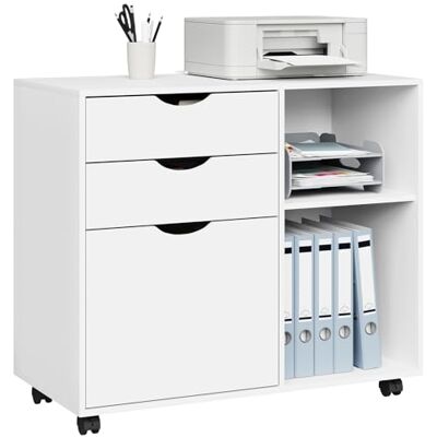 WOLTU Classeur mobile avec 3 tiroirs et 2 étagères ouvertes, commode à 5 roues et barre suspendue, armoire de bureau pour dossiers et papiers A4, 80 x 39,5 x 69,5 cm, blanc WOLTU Classeur mobile avec 3 tiroirs et 2 étagères ouvertes, commode à 5 roues et barre suspendue, armoire de bureau pour dossiers et papiers A4, 80 x 39,5 x 69,5 cm, blanc