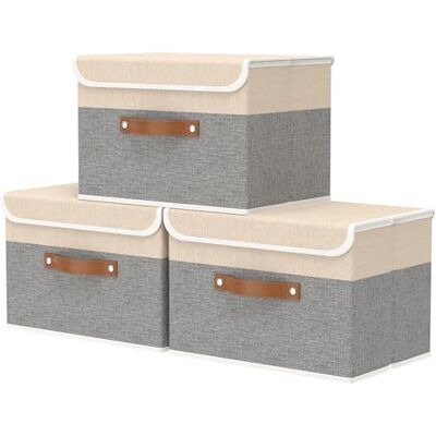OUTBROS Lot de 3 grands paniers de rangement pliables avec couvercle pour vêtements, serviettes, livres, 45 x 30 x 30 cm, gris/beige OUTBROS Lot de 3 grands paniers de rangement pliables avec couvercle pour vêtements, serviettes, livres, 45 x 30 x 30 cm, gris/beige