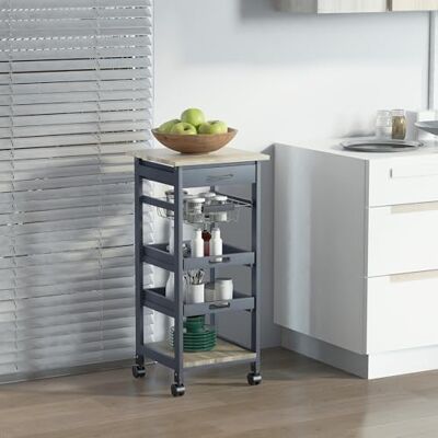 HOMCOM Chariot de Service desserte de Cuisine à roulettes Panier + 2 Plateaux Amovibles, tiroir, étagère en Bois chêne Clair Bois pin Gris HOMCOM Chariot de Service desserte de Cuisine à roulettes Panier + 2 Plateaux Amovibles, tiroir, étagère en Bois chêne Clair Bois pin Gris