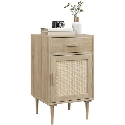 HOMCOM Table de Chevet Table d'appoint avec Placard et étagère Porte rotin tissé + 1 tiroir Design bohème 40 x 40 x 68,5 cm Naturel HOMCOM Table de Chevet Table d'appoint avec Placard et étagère Porte rotin tissé + 1 tiroir Design bohème 40 x 40 x 68,5 cm Naturel