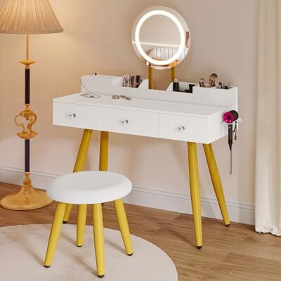 YITAHOME Coiffeuse avec éclairage, tiroirs en tissu, tiroirs miroir, luminosité réglable, coiffeuse avec portes, table de maquillage avec étagère à bijoux, étagères réglables, couleur bois YITAHOME Coiffeuse avec éclairage, tiroirs en tissu, tiroirs miroir, luminosité réglable, coiffeuse avec portes, table de maquillage avec étagère à bijoux, étagères réglables, couleur bois