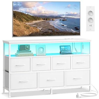 SONGMICS Commode avec 7 Tiroirs, Lumières LED, Prises et Ports USB Meuble de Rangement, Étagère Ouverte, pour Chambre, 113,8 x 30 x 68,1 cm, Blanc Nuage, Collection BELLAH LGS733WH01 SONGMICS Commode avec 7 Tiroirs, Lumières LED, Prises et Ports USB Meuble de Rangement, Étagère Ouverte, pour Chambre, 113,8 x 30 x 68,1 cm, Blanc Nuage, Collection BELLAH LGS733WH01