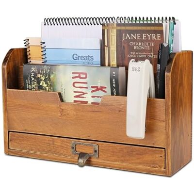 Flexzion Organiseur de bureau en bois à 3 niveaux – Compartiments rustiques avec fente pour classeurs, trieur de crayons, étagère de rangement pour fournitures avec tiroir de rangement pour bureau, Flexzion Organiseur de bureau en bois à 3 niveaux – Compartiments rustiques avec fente pour classeurs, trieur de crayons, étagère de rangement pour fournitures avec tiroir de rangement pour bureau,