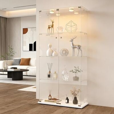DAHUEN Vitrine en verre avec éclairage LED, 4 couches de verre pour salon avec 2 portes et serrure, vitrine en verre debout pour salon, chambre à coucher, bureau, blanche/35 x 78,5 x 163 cm DAHUEN Vitrine en verre avec éclairage LED, 4 couches de verre pour salon avec 2 portes et serrure, vitrine en verre debout pour salon, chambre à coucher, bureau, blanche/35 x 78,5 x 163 cm