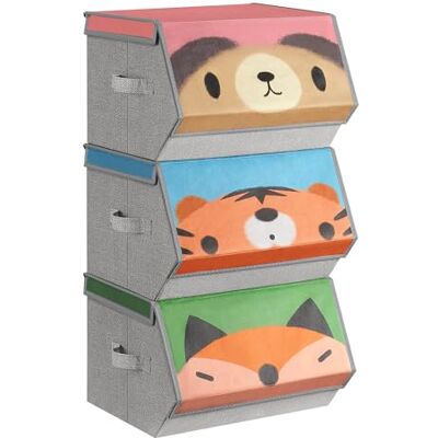 SONGMICS Boîtes de Rangement pour Enfant, Lot de 3, Empilables, Pliables, Poignées, Couvercle Magnétique, Chambre d'Enfant, Salle de jeux, Motif Ours Tigre Renard, Rose, Bleu, Vert et Gris RFB760P03 SONGMICS Boîtes de Rangement pour Enfant, Lot de 3, Empilables, Pliables, Poignées, Couvercle Magnétique, Chambre d'Enfant, Salle de jeux, Motif Ours Tigre Renard, Rose, Bleu, Vert et Gris RFB760P03
