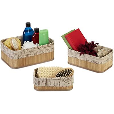 Relaxdays Lot de 3 paniers de rangement en bambou Housse en tissu vintage 3 tailles Cosmétiques et serviettes Naturel/beige Relaxdays Lot de 3 paniers de rangement en bambou Housse en tissu vintage 3 tailles Cosmétiques et serviettes Naturel/beige