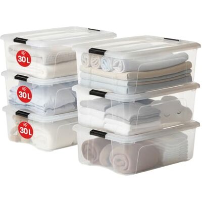Iris Ohyama , Lot de 6 boîtes de rangement, 30 L, avec clips, empilable, salon, chambre, garage New Top Box NTB-30 Transparent Iris Ohyama , Lot de 6 boîtes de rangement, 30 L, avec clips, empilable, salon, chambre, garage New Top Box NTB-30 Transparent