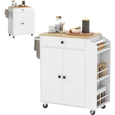 HOMCOM Îlot Central Cuisine Mobile avec Tiroir, Placard à2 Portes Blanc Desserte Cuisine, Étagère Réglable, Barre à Serviettes, Étagères à Épices, pour Salle à Manger HOMCOM Îlot Central Cuisine Mobile avec Tiroir, Placard à2 Portes Blanc Desserte Cuisine, Étagère Réglable, Barre à Serviettes, Étagères à Épices, pour Salle à Manger