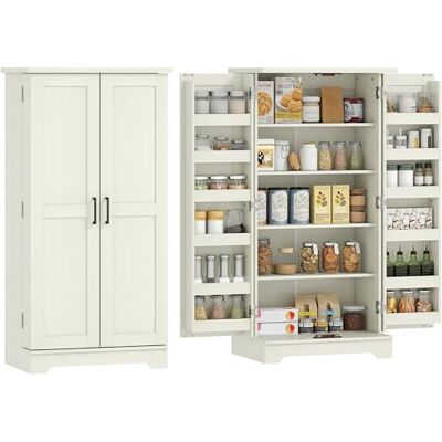 HOMCOM Buffet Cuisine, Armoire de Cuisine, vaisselier, 5 Niveaux, avec Portes et étagères réglables, 60 x 40 x 120 cm, Grain de Bois, crème HOMCOM Buffet Cuisine, Armoire de Cuisine, vaisselier, 5 Niveaux, avec Portes et étagères réglables, 60 x 40 x 120 cm, Grain de Bois, crème