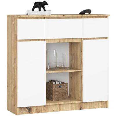 AKORD Commode K100 avec 3 tiroirs, armoire avec 2 portes, 6 étagères, pour le salon, la chambre à coucher, moderne, panneau laminé de 16 mm, l 101 x H 98 x P 35 cm, couleur chêne artisanal et blanc AKORD Commode K100 avec 3 tiroirs, armoire avec 2 portes, 6 étagères, pour le salon, la chambre à coucher, moderne, panneau laminé de 16 mm, l 101 x H 98 x P 35 cm, couleur chêne artisanal et blanc