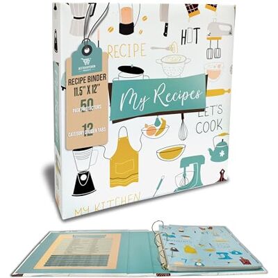 Better Kitchen Products Classeur à recettes standard à 3 anneaux avec 50 protège-pages et 12 onglets de séparation de catégories, 29,2 x 30,5 cm Better Kitchen Products Classeur à recettes standard à 3 anneaux avec 50 protège-pages et 12 onglets de séparation de catégories, 29,2 x 30,5 cm