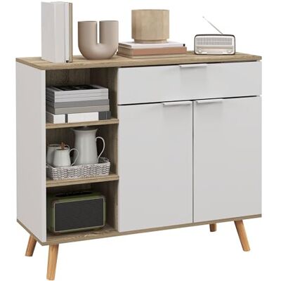 HOMCOM Meuble de Rangement, Buffet Cuisine, Commode, étagères réglables, 1 tiroir 1 Placard Double Porte, Pieds en Bois Massif, 95 x 35 x 85 cm, Blanc HOMCOM Meuble de Rangement, Buffet Cuisine, Commode, étagères réglables, 1 tiroir 1 Placard Double Porte, Pieds en Bois Massif, 95 x 35 x 85 cm, Blanc