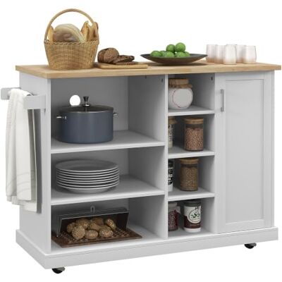 HOMCOM Desserte îlot de Cuisine à Roulettes 129 x 51 x 93 cm Bois et Blanc Chariot De Cuisine, 7 Compartiments Ouverts, 1 Placard 1 Porte HOMCOM Desserte îlot de Cuisine à Roulettes 129 x 51 x 93 cm Bois et Blanc Chariot De Cuisine, 7 Compartiments Ouverts, 1 Placard 1 Porte