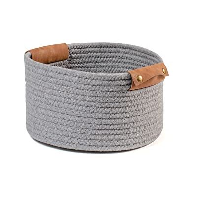 H&H Panier en coton gris avec poignées en simili cuir rond 30 x 18 cm H&H Panier en coton gris avec poignées en simili cuir rond 30 x 18 cm