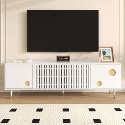 FammyLoft Meuble TV bas de 170 cm avec 2 portes grillagées, meuble TV avec 2 portes en bois massif, meuble TV pour salon, meuble TV, support TV, blanc FammyLoft Meuble TV bas de 170 cm avec 2 portes grillagées, meuble TV avec 2 portes en bois massif, meuble TV pour salon, meuble TV, support TV, blanc