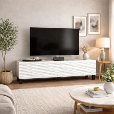 DECOROTIKA Lerze Meuble TV moderne 150 cm de large avec structure spéciale sur les portes et plateau effet marbre (effet marbre blanc/blanc) DECOROTIKA Lerze Meuble TV moderne 150 cm de large avec structure spéciale sur les portes et plateau effet marbre (effet marbre blanc/blanc)