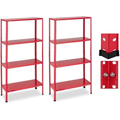 Relaxdays Étagère Charge Lourde, Lot de 2, 160 kg Max, 4 Niveaux, HxLxP:147,5x75,5x30,5 cm, Cave & Garage, métal, Rouge Relaxdays Étagère Charge Lourde, Lot de 2, 160 kg Max, 4 Niveaux, HxLxP:147,5x75,5x30,5 cm, Cave & Garage, métal, Rouge