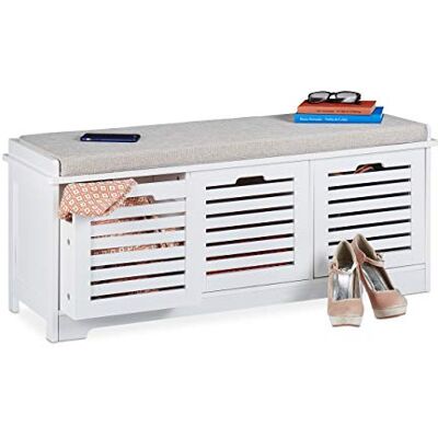 Relaxdays Banc avec espace de rangement, 3 paniers et coussins, banc de cuisine, style maison de campagne, banc vestiaire H x L x P 44 x 105 x 35 cm, blanc Relaxdays Banc avec espace de rangement, 3 paniers et coussins, banc de cuisine, style maison de campagne, banc vestiaire H x L x P 44 x 105 x 35 cm, blanc