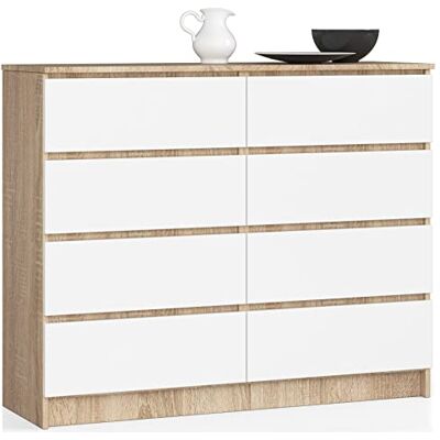 AKORD K-120 Commode avec 8 tiroirs (2 x 4), pour le salon, la chambre, le bureau, design fonctionnel moderne, 120 x 99 x 40 cm, poids : 65 kg, chêne sonoma/blanc AKORD K-120 Commode avec 8 tiroirs (2 x 4), pour le salon, la chambre, le bureau, design fonctionnel moderne, 120 x 99 x 40 cm, poids : 65 kg, chêne sonoma/blanc
