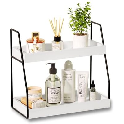 Skdvy Organisateur de comptoir de salle de bain à 2 niveaux, organisateur de salle de bain en bois, plateau de salle de bain, étagère à épices de cuisine, étagère de rangement (bois) (blanc, cadre noir) Skdvy Organisateur de comptoir de salle de bain à 2 niveaux, organisateur de salle de bain en bois, plateau de salle de bain, étagère à épices de cuisine, étagère de rangement (bois) (blanc, cadre noir)